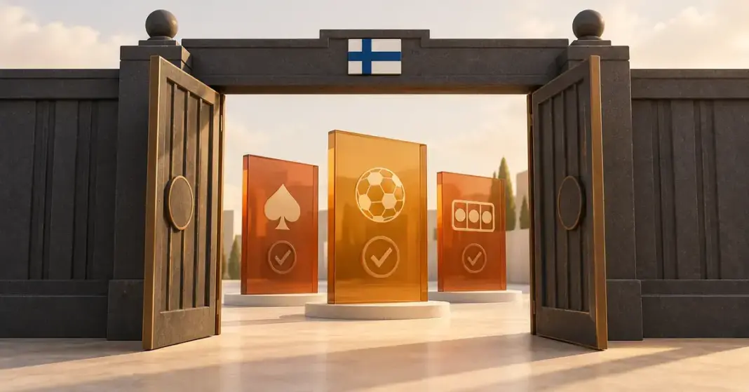 Suomen lipulla merkitty avoin portti ja hyväksymismerkein varustetut pelisymbolit havainnollistavat rahapelimarkkinoiden avautumista lisensoiduille toimijoille.