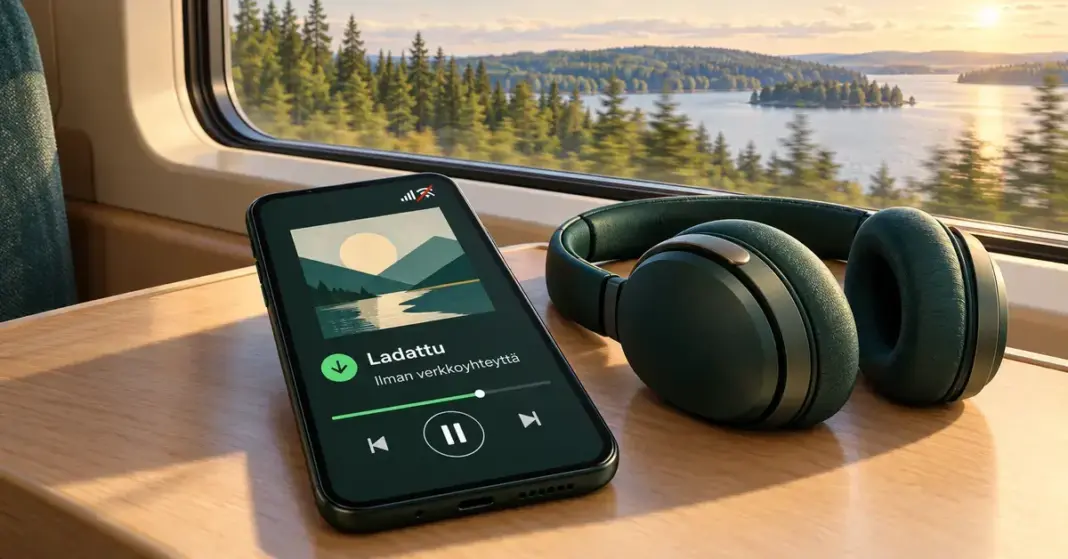 Spotify-musiikin lataaminen ja offline-kuuntelu: nain se onnistuu Puhelin toistaa ladattua musiikkia ilman verkkoyhteyttä kuulokkeiden vieressä junan pöydällä, ja ikkunasta näkyy suomalainen järvimaisema.