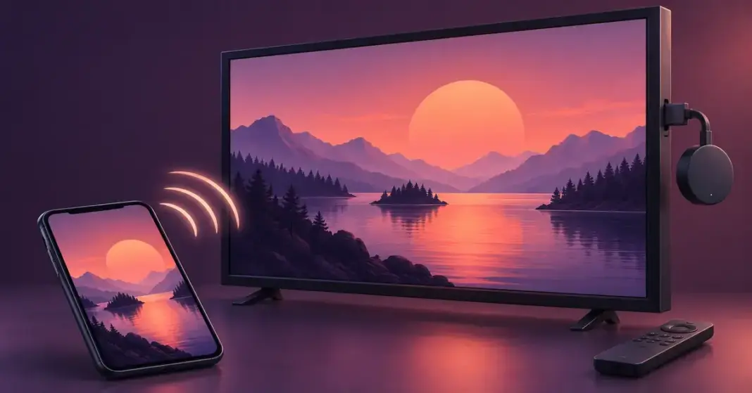 Suoratoistolaitteet televisioon: näin suoratoistat langattomasti Puhelimen ja television ruuduilla näkyy sama auringonlaskumaisema, ja langattoman yhteyden kaaret sekä television HDMI-liitäntään kytketty suoratoistolaite havainnollistavat langatonta suoratoistoa.